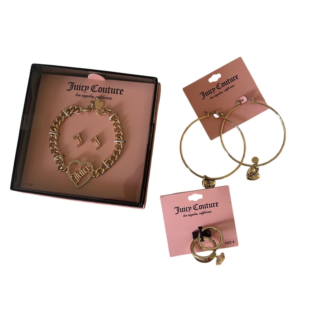 Juicy Couture Bundle Gold Tone Jewelry Heart Bracelet Hoop Earrings Rings NWT